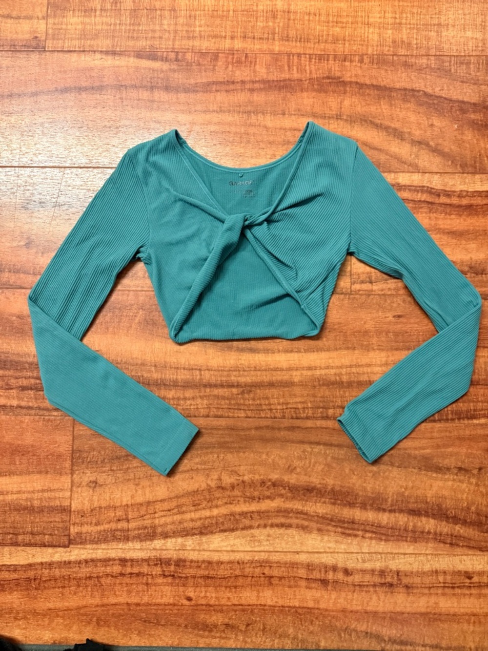 Garage Teal Twist-Front Ribbed Long-Sleeve Crop Top